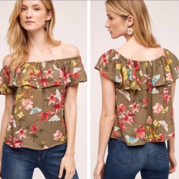 Anthropologie Tops - Maeve Anthropologie Off the Shoulder Floral Top Ruffle Blouse Olive Green Large